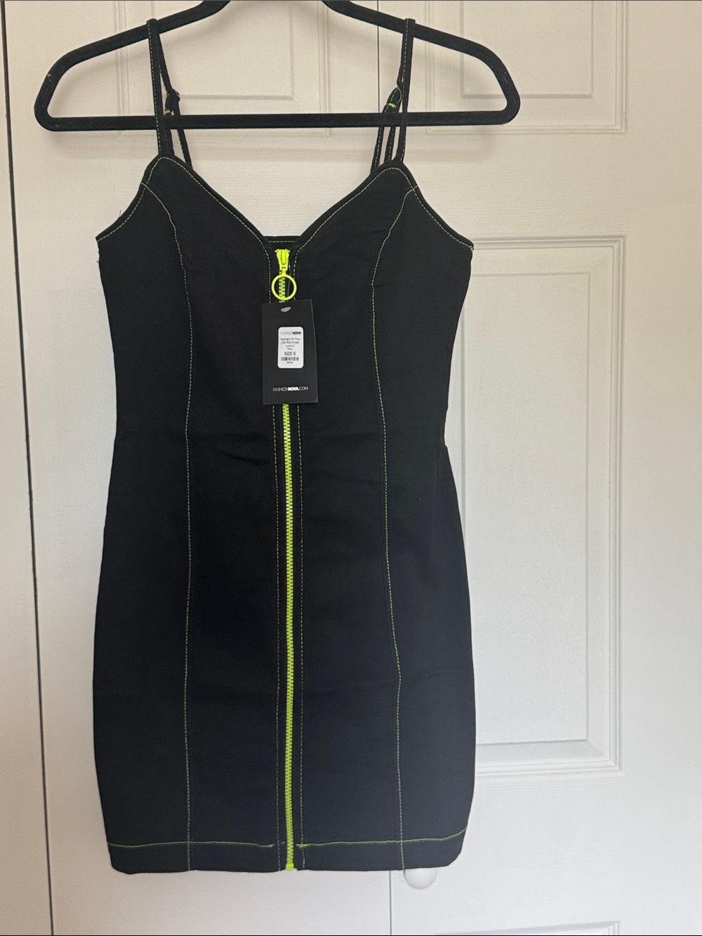 Fashion Nova Black Mini Dress with Neon Green Contrast Zipper - Women
